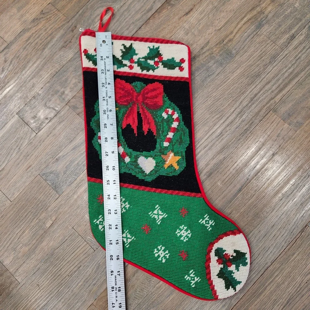 VTG Handmade Wool Needlepoint Holly‎ Wreath Candy Cane Christmas Velvet Stocking